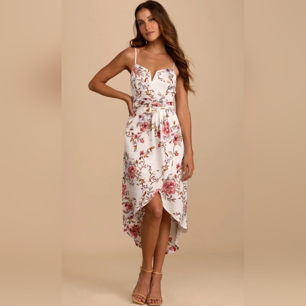 Lulu's Floral White and Pink Midi Dress